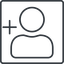 Thin, line, square, sign, plus, add, horizontal, mirror, user, sign-up, account, newuser, profile, usericon, user-plus-thin icon