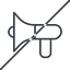 Thin, line, up, horizontal, mirror, prohibited, loudspeaker, megaphone, amplify, announcement, bullhorn, noise, decibel, megaphone-thin icon